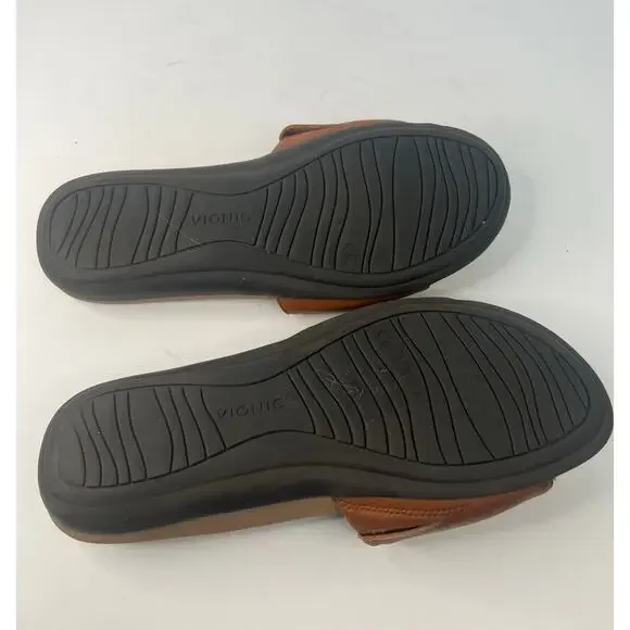 Vionic Val Slides Brown Leather Slip On Open Toe Comfort Flip Flop Sandal Sz‎ 6 - Picture 11 of 12
